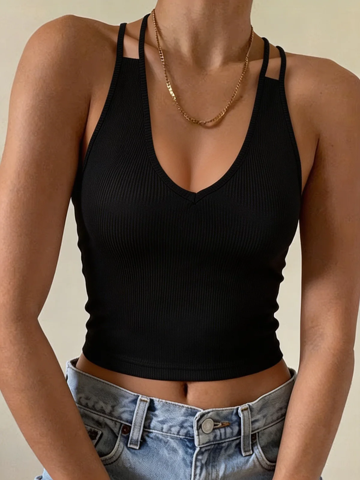 Tank Top Ribbed - Chic V Neck Double Strap Ribbed
