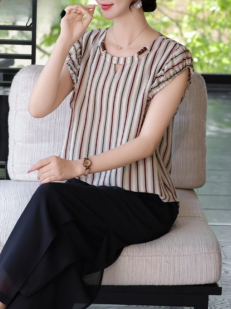 

Ele Stripe ort Sve Mom Summer Outfit Set 2025 New Sle Midi Skirt And Blouse Faionable Loose Fit Polyester Blend