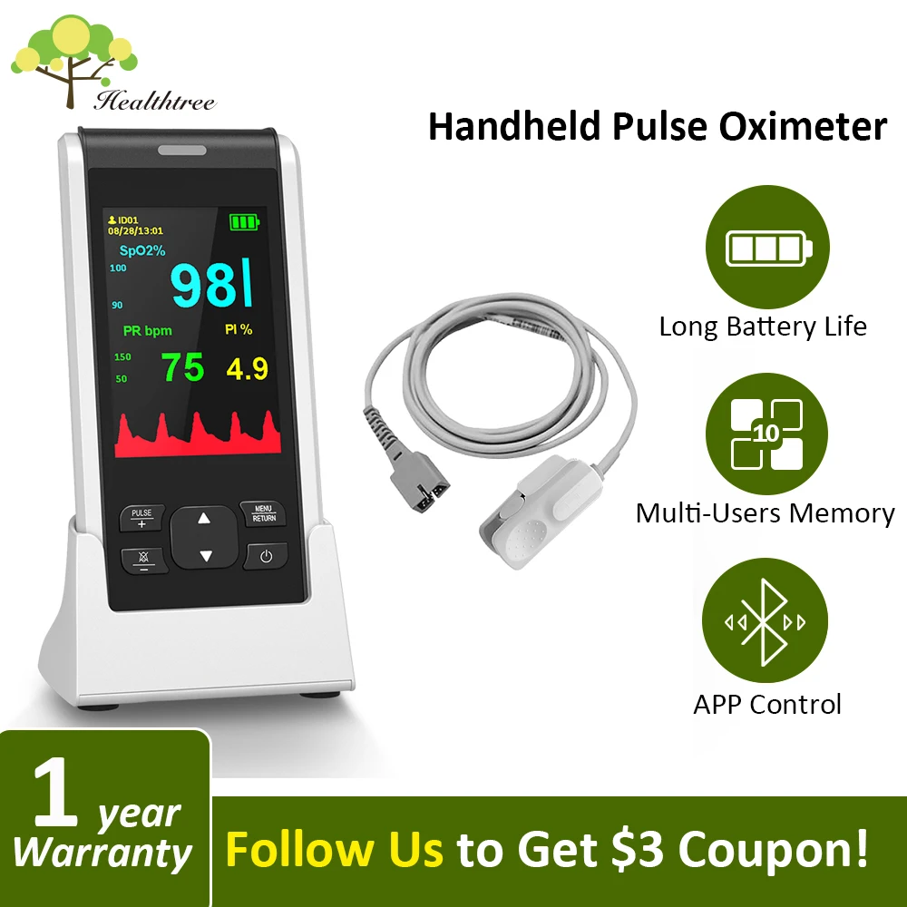 

HealthTree Handheld Pulse Oximeter Bluetooth APP Control Oximetry Child Adult Medical Heart Rate Monitor Multi-users with Memory