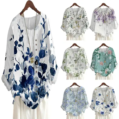 2024 Herfst Aliexpress Vintage Fashion Print Losse Casual Shirt Lange Mouw T-Shirt Voor Vrouwen