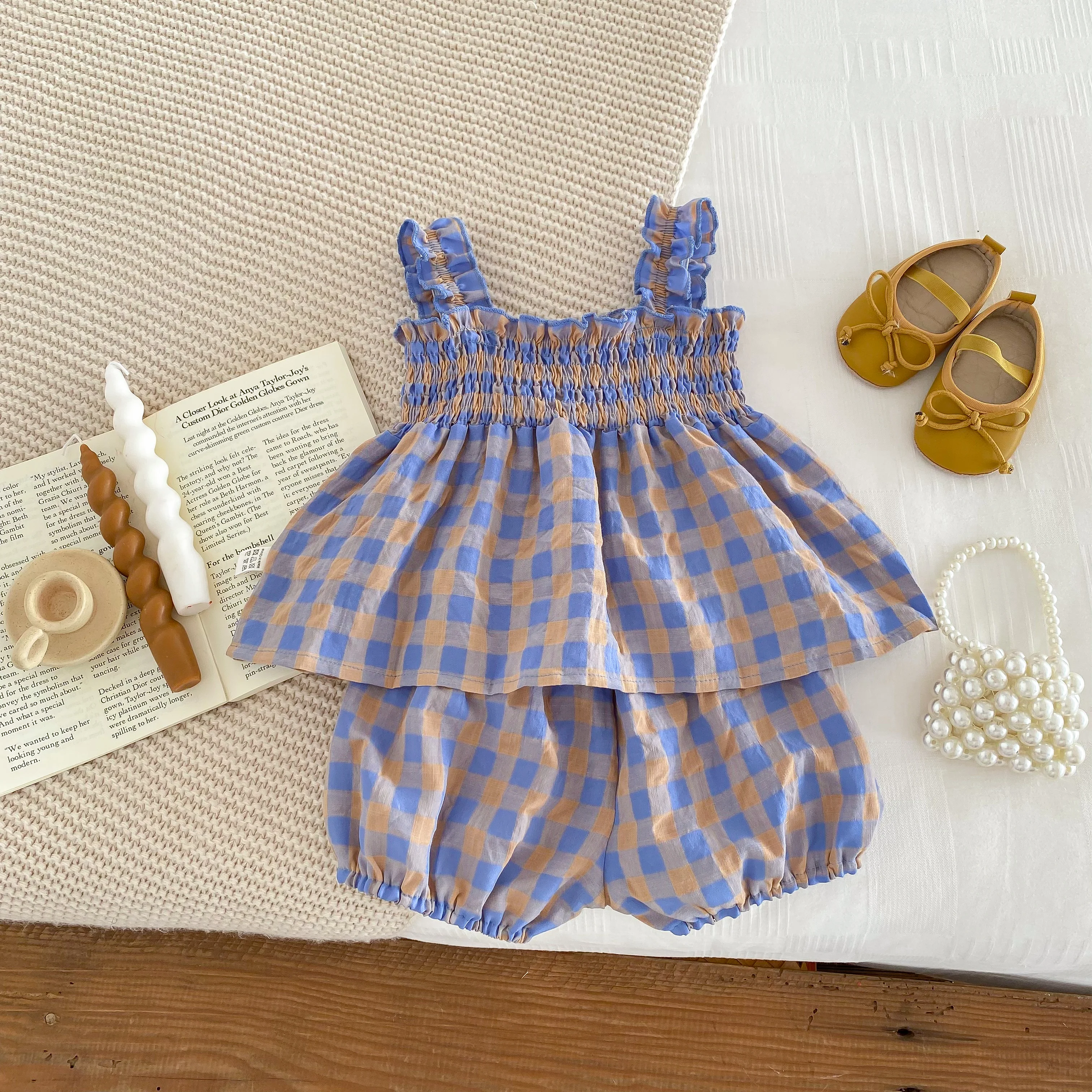 Korean Fashion Newborn Clothes Baby Girls Summer Thin Purple Plaid Singlet Top + Shorts Two Piece Set 0-2yrs