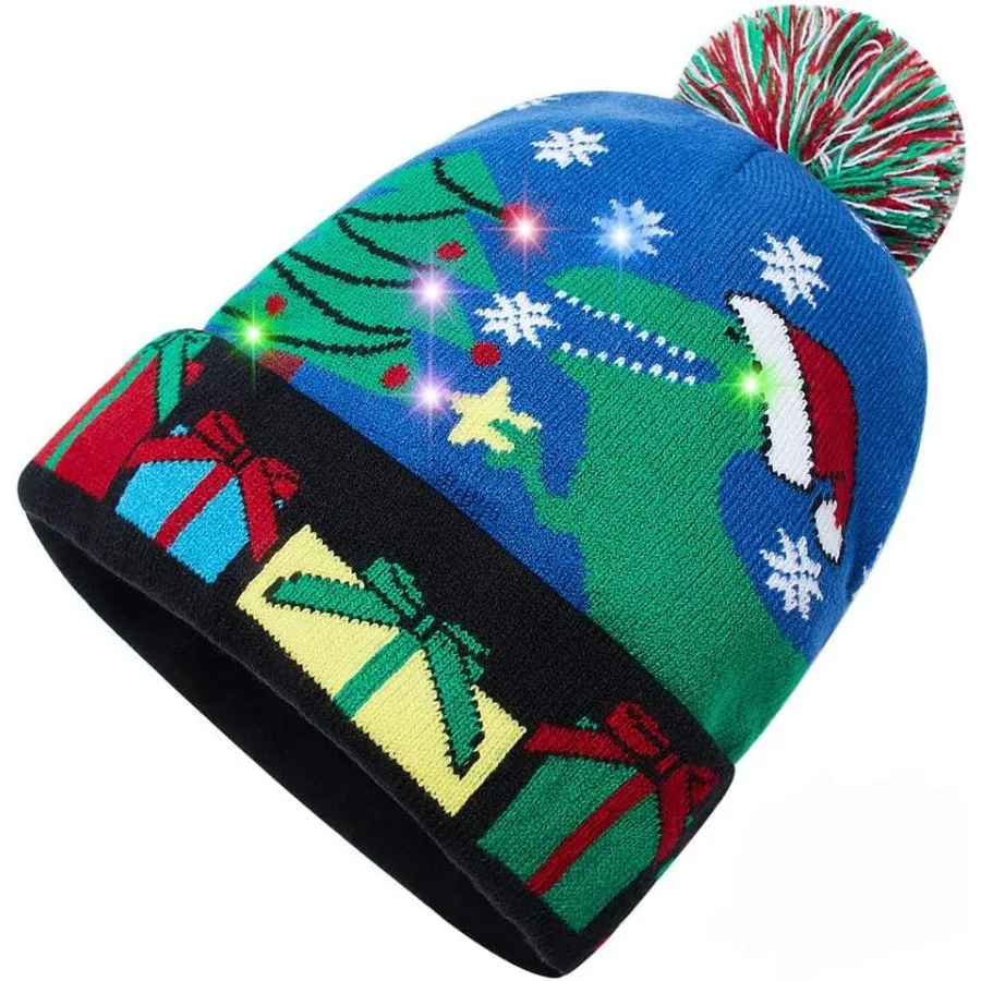 RAISEVERN Unisex Ugly LED Christmas Hat Novelty Colorful Lightup Stylish Knitted Sweater Xmas Party Beanie Cap with 6 Lights fo