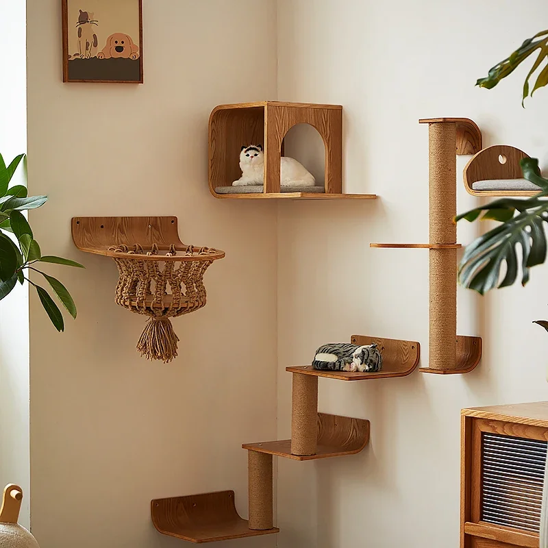Wall-Mounted Cat Climbing Shelf Wooden Cat Tree Cat Scratching Post Jumping Platform Hide House Grinding Claws Toy Pet Furniture