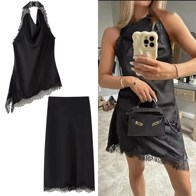 Faldas por debajo de la rodilla de satén de encaje, conjuntos de dos piezas para mujer, trajes superiores con cuello Halter de encaje, trajes elegantes de verano para mujer de 2 piezas 2025