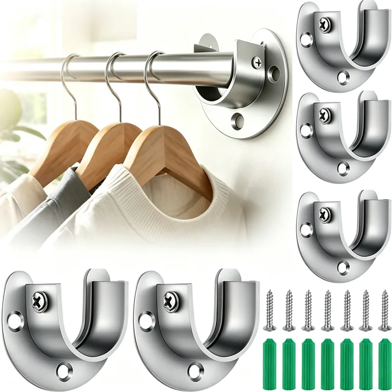 2-10pcs Stainless Steel Closet Rod Brackets Flange Rod Holder Shower Curtain Rod Hook U-Shaped Hanger Bathroom Support Brackets