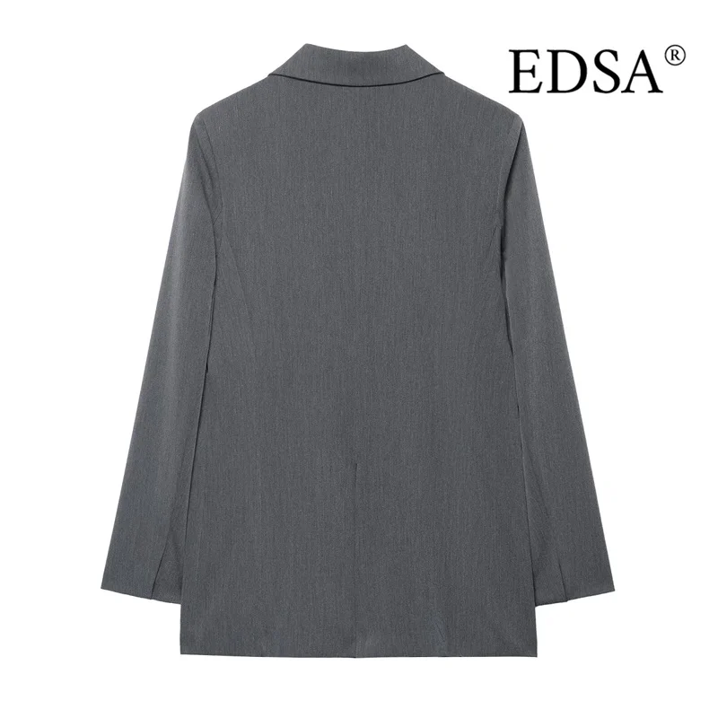 سترة EDSA للسيدات باللون الرمادي مزدوجة الصدر مع جيوب قلابة لمعطف سترة بأكمام طويلة للسيدات في المكتب