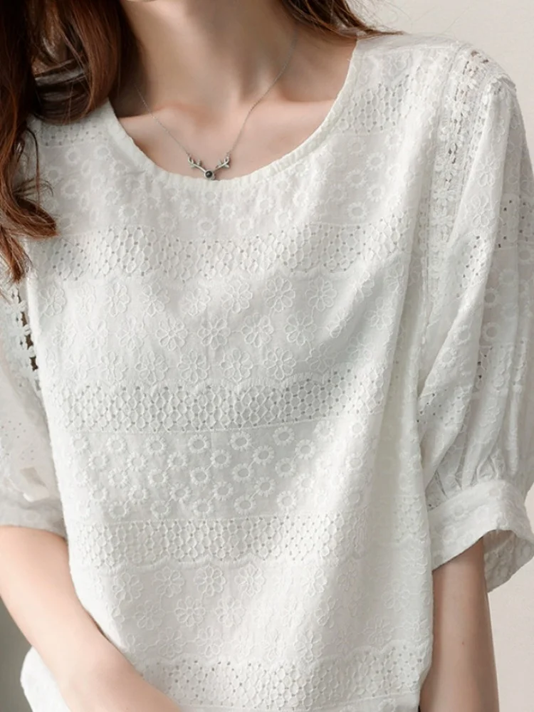 Summer Hlaf Sleeve Embroidery Women Blouses Elegant Casual Cotton White Shirts O-neck Top Fashion