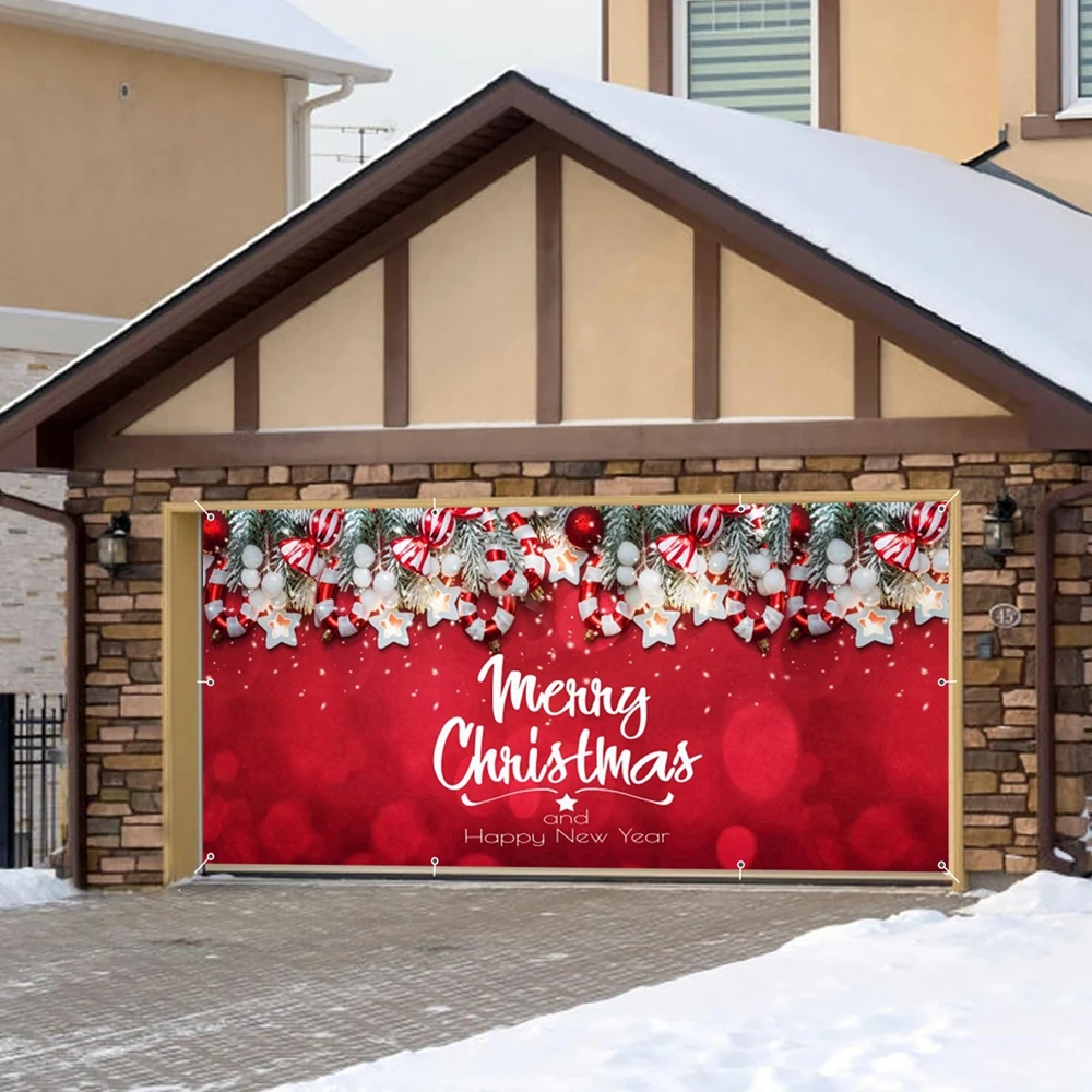 Red Merry Christmas Garage Door Backdrop Banner Cover Large Xmas Door Decor Winter Holiday Background Garage Door Wall Decor