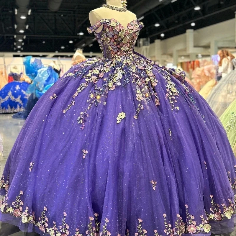 

Mexican Purple Shiny Quinceanera Dresses 3D Floral Applique Birthday Princess Formal Sweet 15 16 Ball Gowns Vestidos XV Años