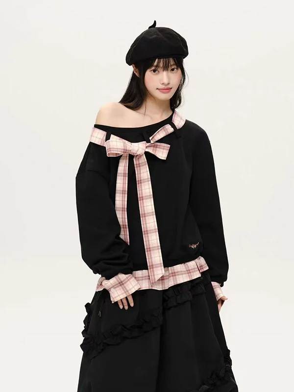 เสื้อสเวตเตอร์ทรงหลวมสไตล์เรโทร ลายสก็อต ดีไซน์ผูกปม ขนาดใหญ่พิเศษ 300 ปอนด์ แฟชั่นเกาหลี สำหรับฤดูใบไม้ร่วง