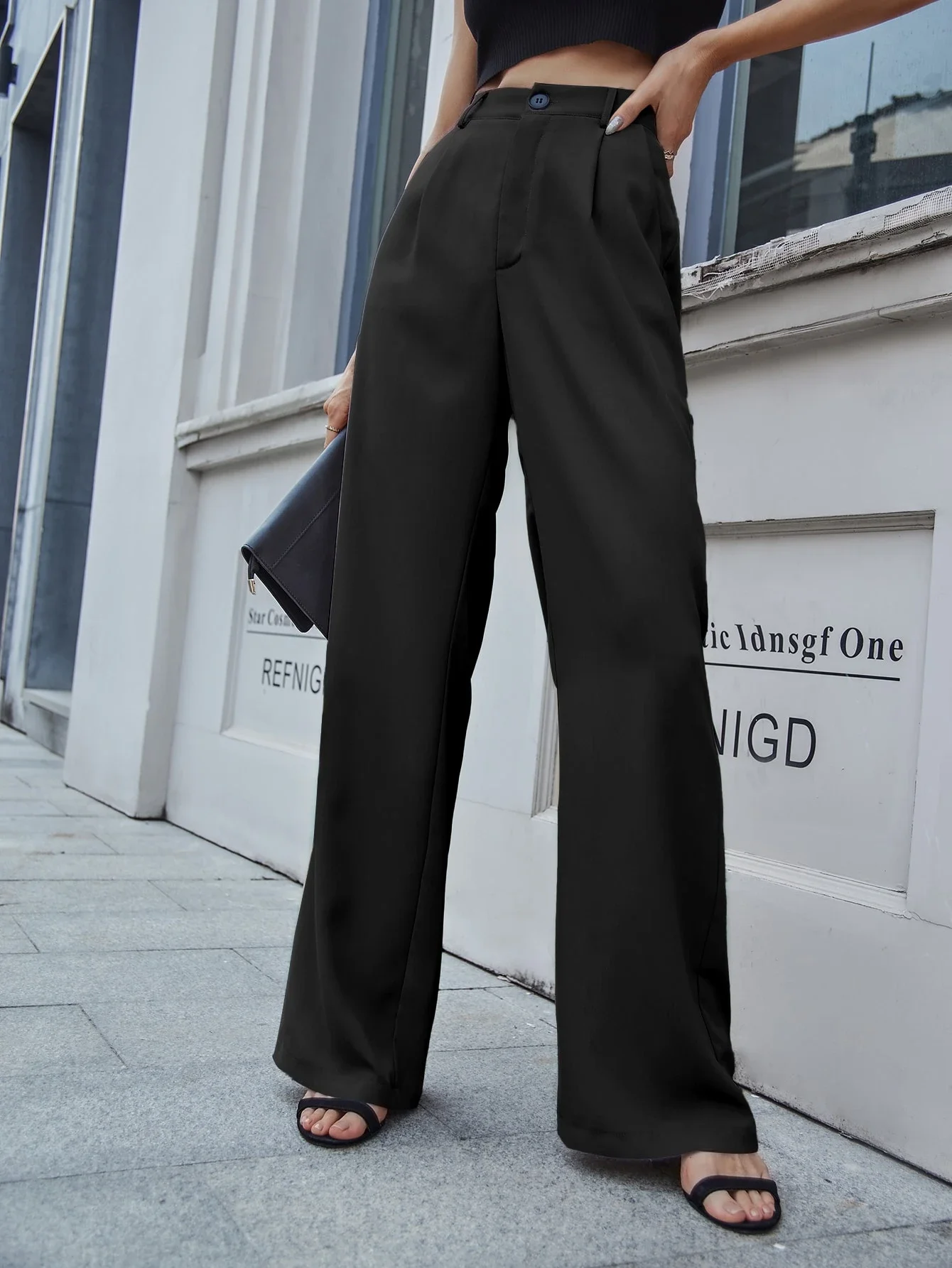 

Solid Slant Pocket Wide Leg Suit Pants For Women