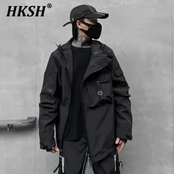 HKSH Autumn Male Jacket Dark Style Hooded Zippers Patchwork Pulti-pocket Drawstring Men's Tide Coats Solid Color 2024 New HK2318