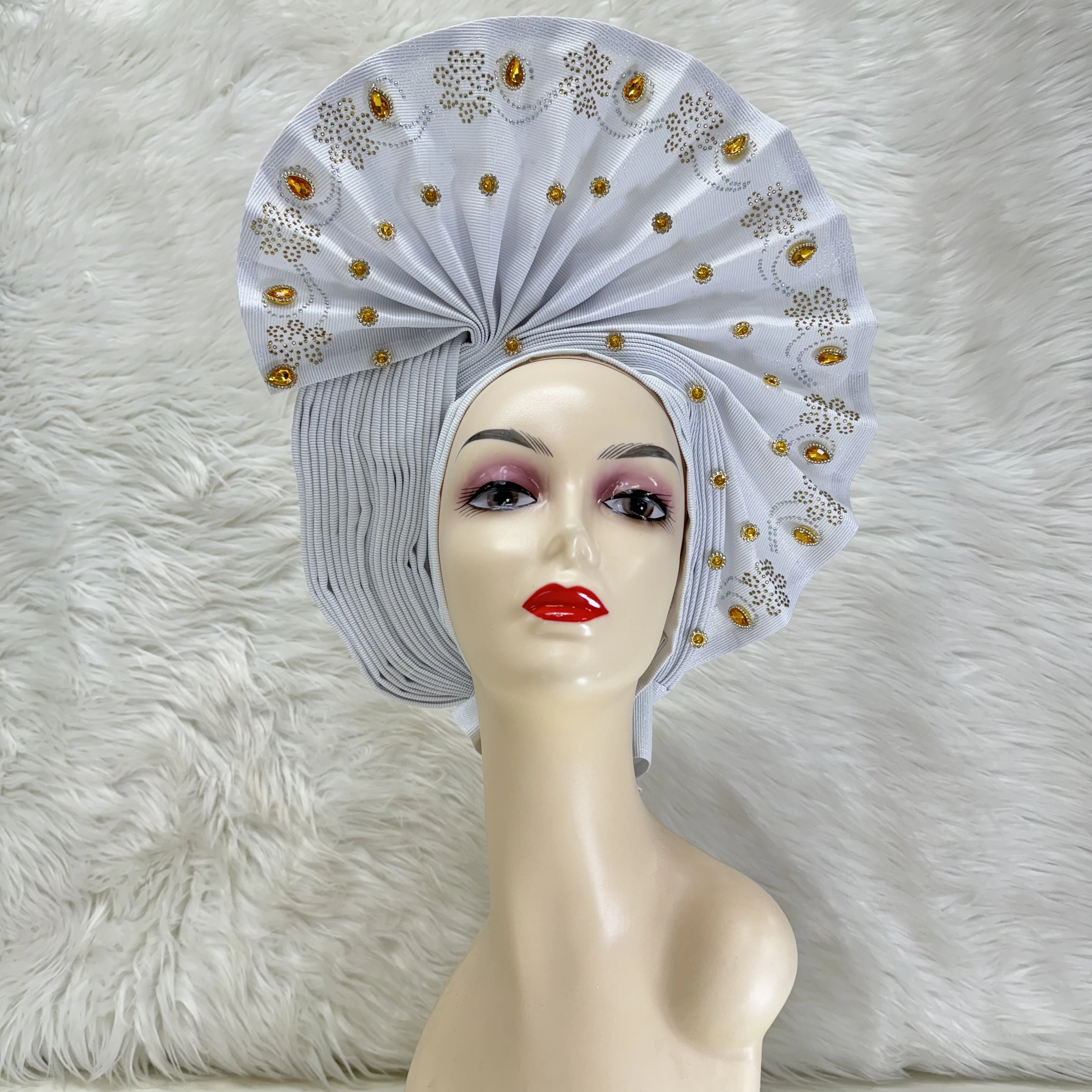

New Auto Gele African Headtie Aso Oke Headtie Nigerian Wedding Gele White Wear Turban Head Wraps With Stones and beads