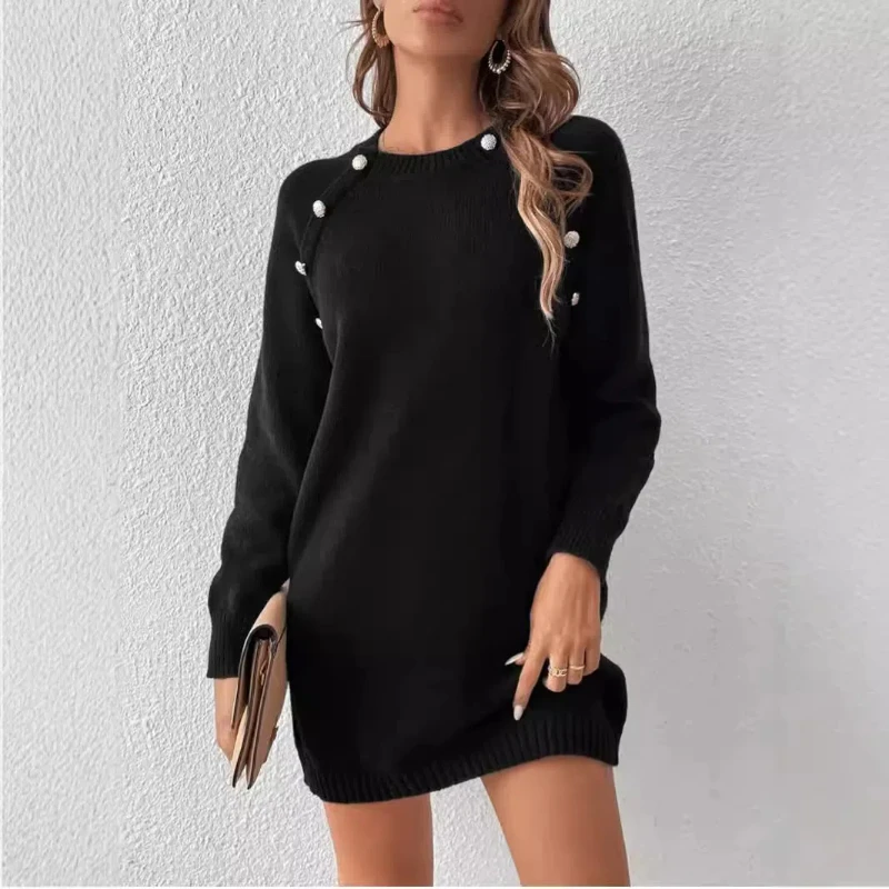 New Women Spliced Pullover Round Neck Button Fashion Solid Color Loose Versatile Casual Long Sleeve Knitted Dresses