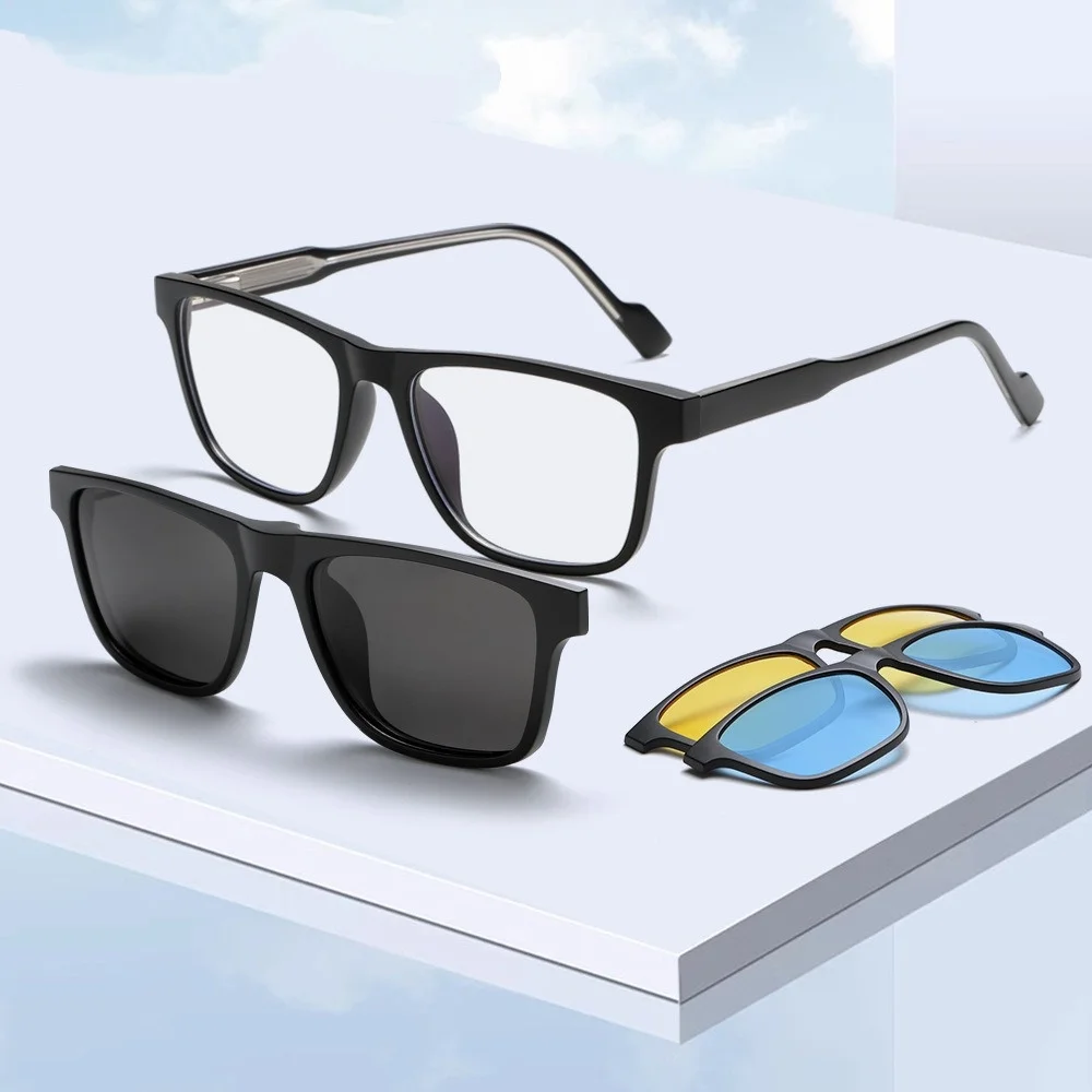

4 In 1 Spectacle Frame Men Women With 3PCS Clip On Polarized Sunglasses Magnetic Glasses Male Computer Optical Myopia Eyeglasses