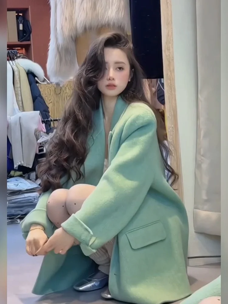 

XZY Elegant plus Size Women's Green Woolen Coat Loose Fit Korean Style Fashionable Autumn Winter Outerwear for Pear Shaped