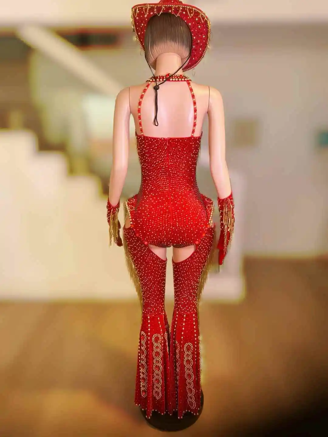 Frauen Sexy Sparkly Strass Rot Body 4 Stück Set Nachtclub Party Bühne Zeigen Outfit Kabarett Karneval Showgirl Bühne Tragen