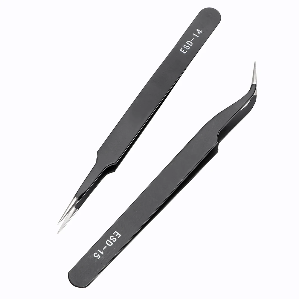 DIYWORK ESD-14 ESD-15 Anti-static Curved Straight Tip Tweezer Precision Stainless Steel Forceps Black