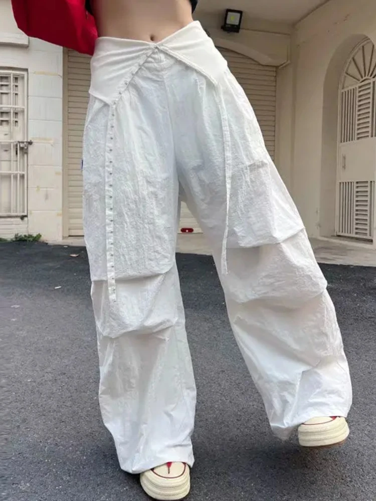 HOUZHOU Vintage Letter Women Cargo Pants Wide Leg Hip Hop American Style Parachute Pants Loose Grunge Trousers Streetwear Casual