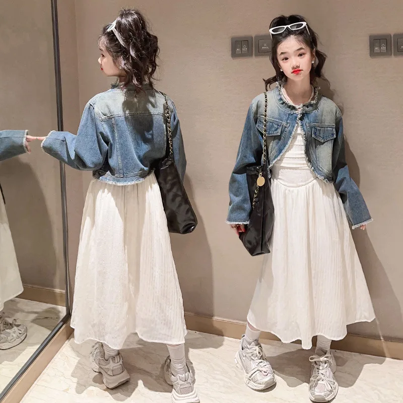 

Teenage Girls Dress Set Spring Fall Fashion Short Denim Jacket+Long Dress 2pcs Childrens Clothing Suit Ensemble Fille Outfits