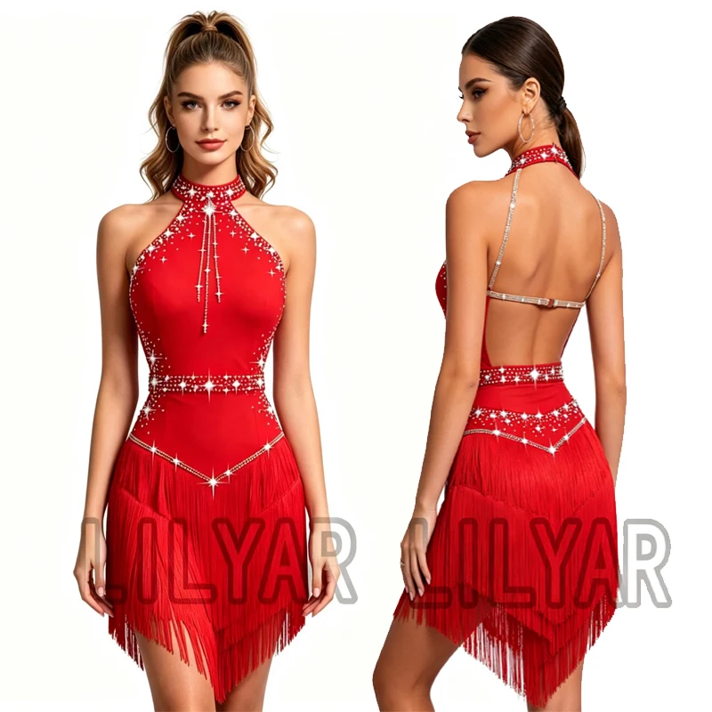 Competition Costume Performance New Latin Dance Costume Dance Skirt Chinese Style Multiple Colors Tassels Slim Fit Shiny Diamond