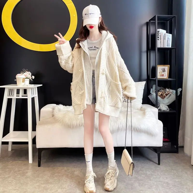 2023 New Spring and Autumn and Winter Simple Jacquard Thickened Lazy Loose Casual Fake Two Piece Hooded Knitted Sweater Cardigan