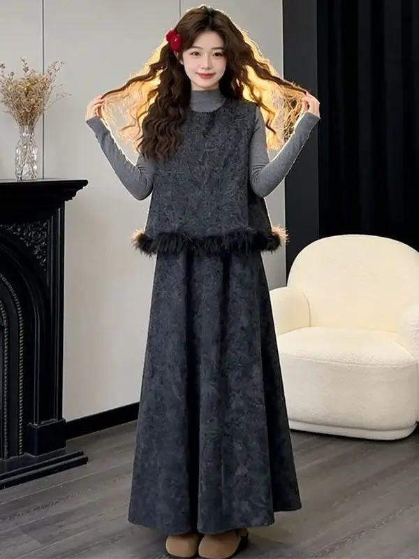 

Faionable Artistic Autumn Winter Vest Top Skirt Set Women's Heavy Work Inner Wear Tee Piece Suit Korean Sle Long Sve