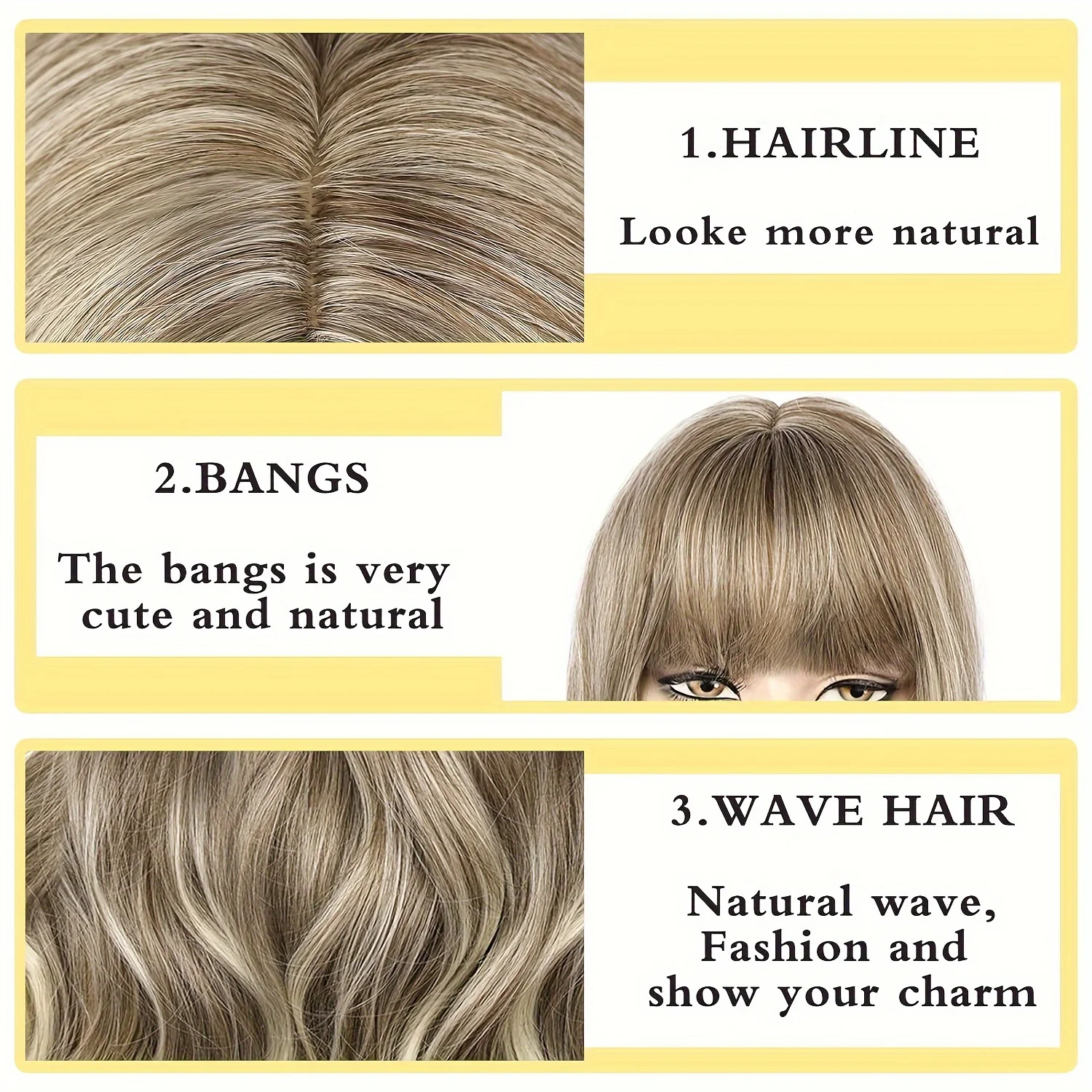 شعر مستعار طويل مموج مع غرة للنساء - شعر مستعار صناعي مموج مقاوم للحرارة بني فاتح مزيج شعر أشقر بمظهر طبيعي وسهل التصميم #4