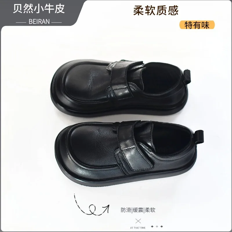 New genuine leather performance shoes, black buckle leather shoes, campus student shoes, soft soled wide toe children's shoes