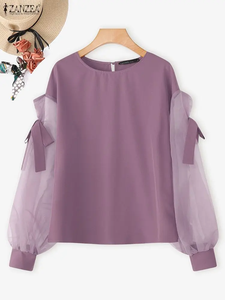 ZANZEA elegante blusa con lazo para mujer 2025 otoño moda malla Patchwork manga larga linterna Casual Tops camisas señoras coreanas Blusas