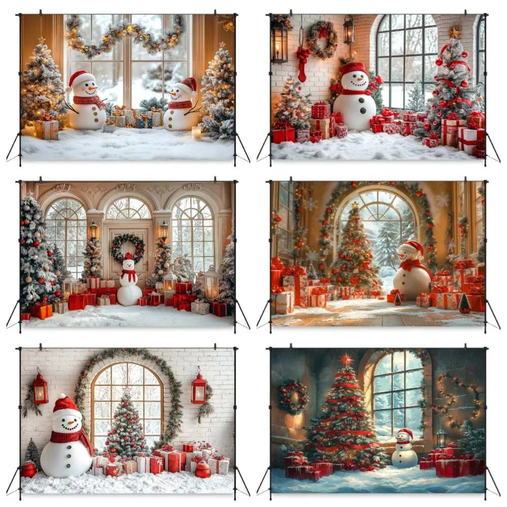 

Winter Christmas Tree Gift Snowman Themed Banner Decoration Background, Christmas Party Decoration Photography Background Cloth