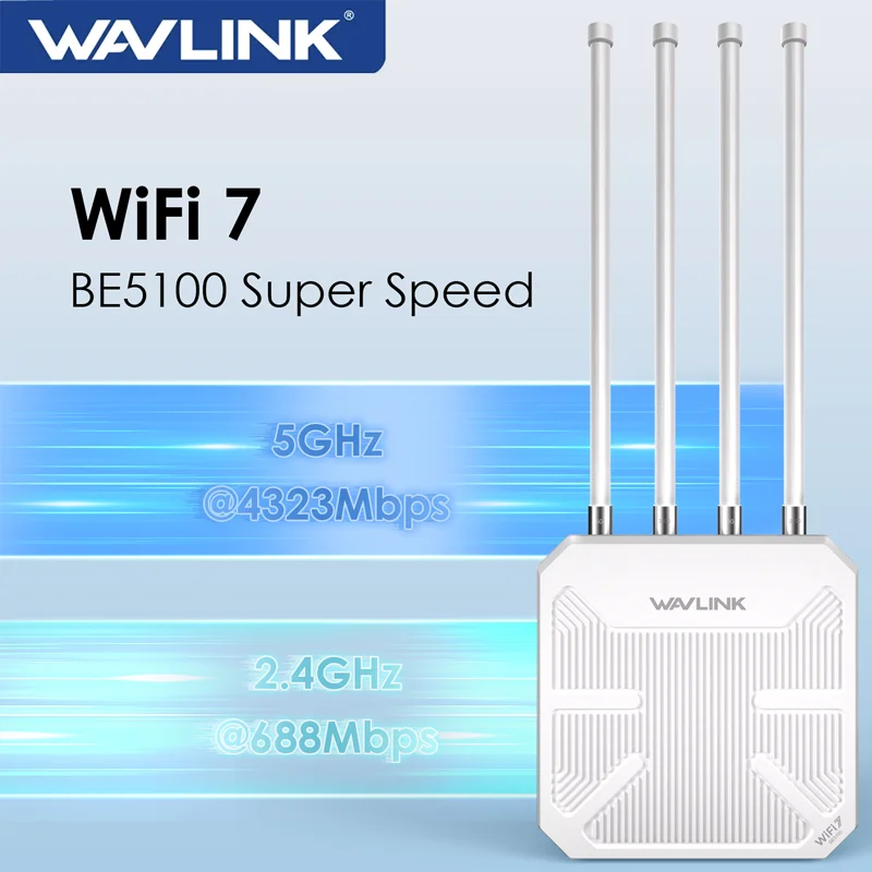 

WAVLINK WiFi 7 BE5100 Outdoor Long Range Mesh Router Dual Band IP67 HIgh Speed Waterproof & Dustproof 8dBi High-Gain Antennas