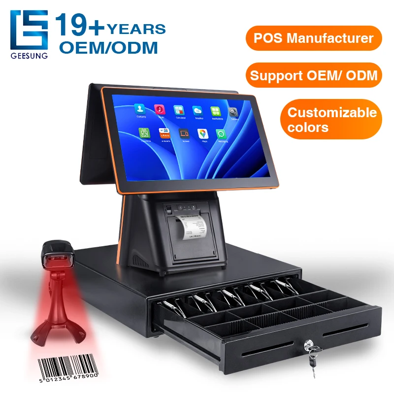 

POS Machine Windows All in One Touch Dual Screen POS System Restaurant Points of Sale Cash Register With Thermal Printer