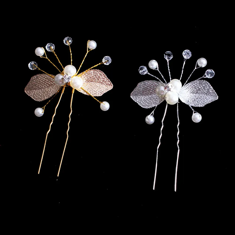 

4pcs Handmade Leaf Hair Clip Fashion Hair Accessories Pearl U Shaped Hairpin Creative Hair Decor (Silver)