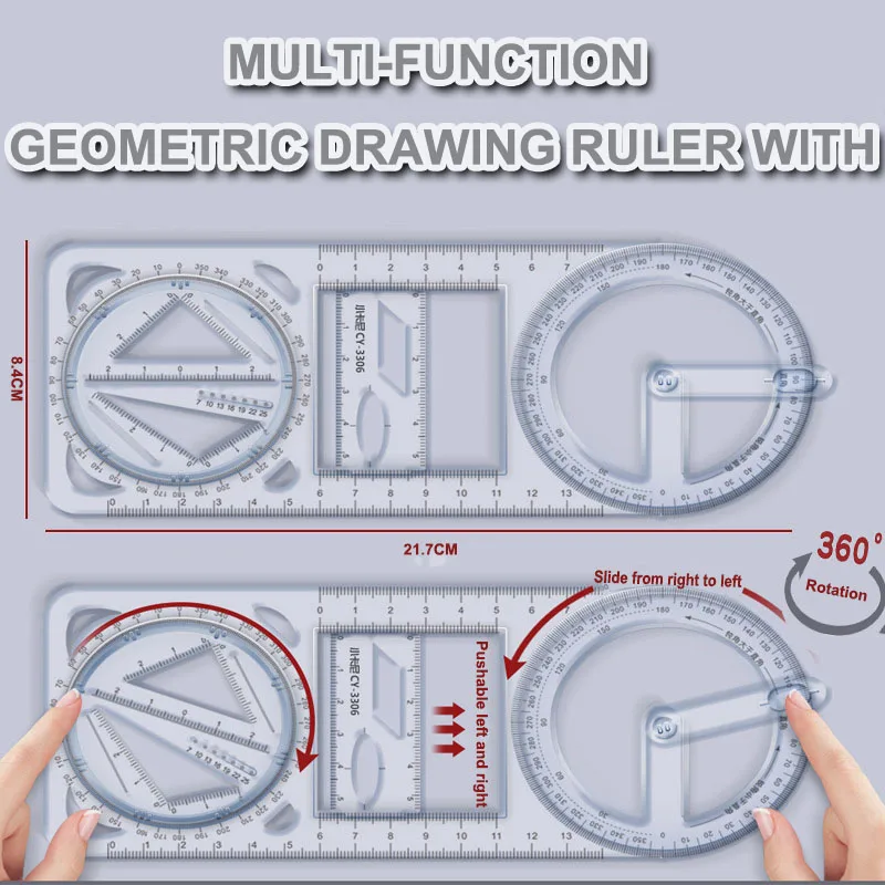 1PCS Multi functional 360 ° movable geometric drawing ruler for primary school mathematics students Portable transparent 3D flat