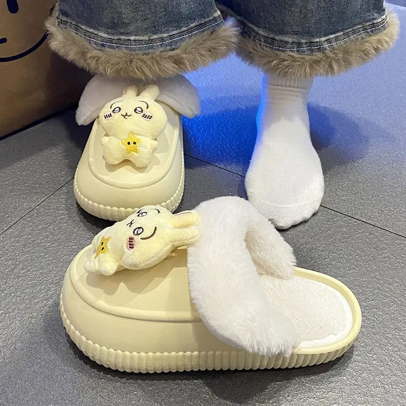 Cute Chiikawa 2026 Kawaii Usagi Girls Plush Slippers Winter Keep Warm Removable Indoor Shoes Anime Anti-Slip Thick Sole Slippers
