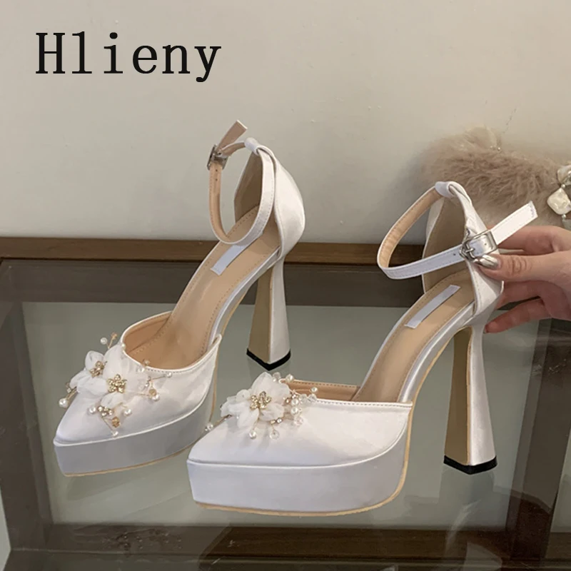 

Hlieny/Новые женские туфли-лодочки, модный дизайн, белый жемчужный цветок, пряжка, ремешок, босоножки на платформе на высоком каблуке, вечерние модельные туфли с острым носком