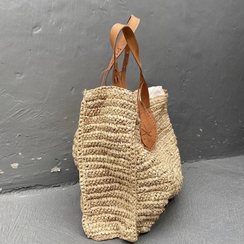 Raffia Straw Bag For Summer Seaside Holiday Travel Beach Bags Women Tropical Leather Hangbag Crochet Large ToteBag Reticule Chic