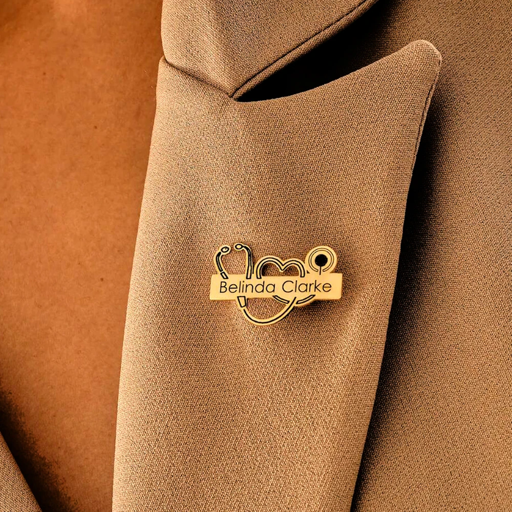 Personalized Medical Staff, Customized Stethoscope Brooch, Laser Engraved Name Stainless Steel Lapel Pin, Medical Staff Gift