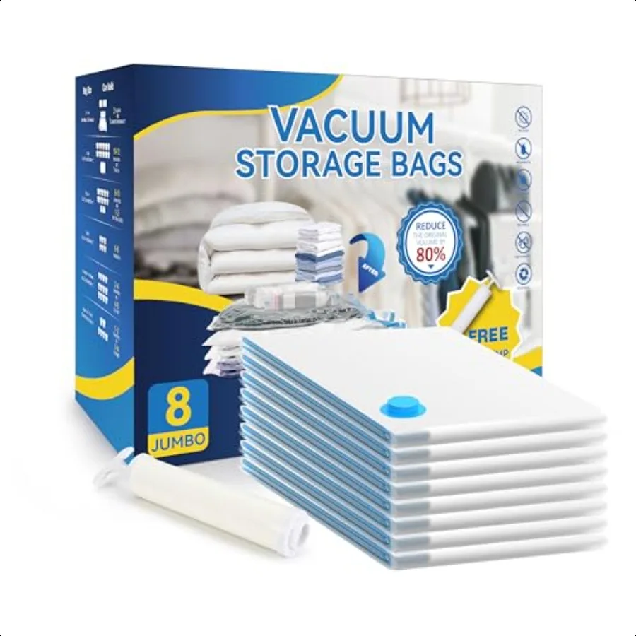 

8-местные пакеты Jumbo Space Saver, вакуумные пакеты для хранения, вакуумные пакеты с ручным насосом для одеял, одеял, постельных принадлежностей, подушек и одежды