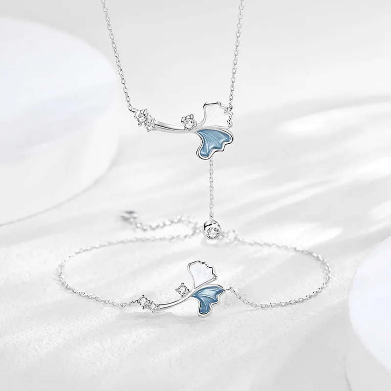 925 Sterling Silver Color Cute Trendy Gingko Leaf Pendant Necklace Bracelet CZ Crystal Fashion Jewelry Valentines Day Gift