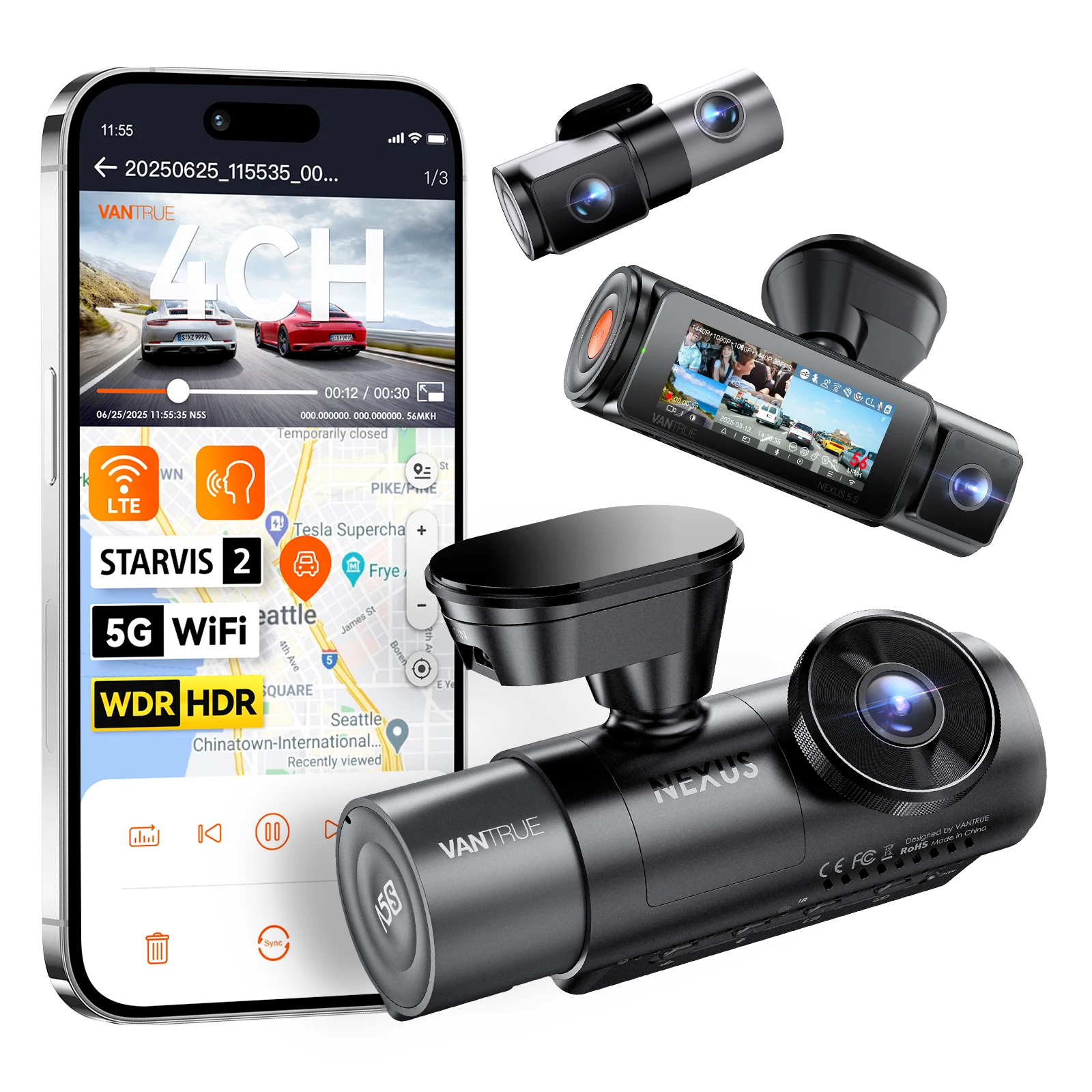 Vantrue N5S DashCam 4 canali WiFi 360 gradi STARVIS 2 Visione notturna IR 2.7K+1080P*2+1440P LTE Supporto modalità parcheggio 24 ore