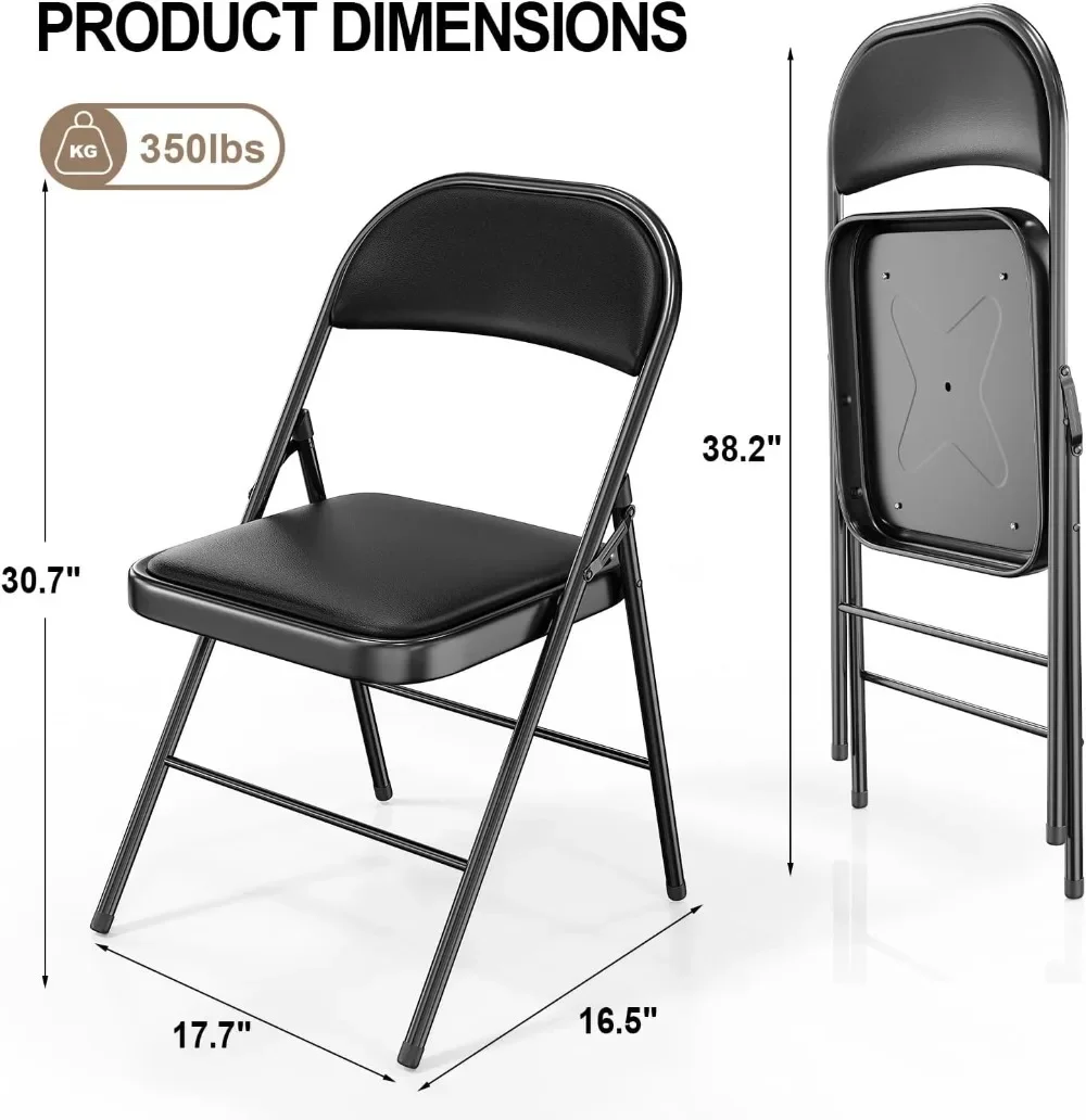 VINGLI Folding Chairs with Padded Seats, Metal Frame with Pu Leather Seat & Back, Capacity 350 lbs, Black, Set of 10