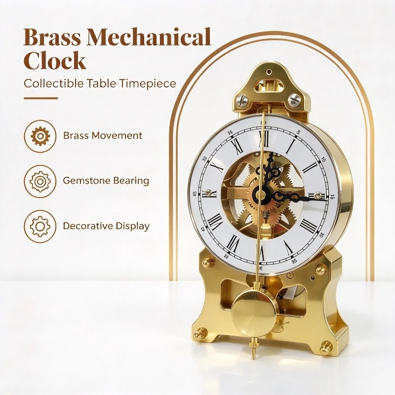 All Copper Mechanical Desk Clock M1 Model, Jewel Bearing Collectible Decorative Table Clock for Display Ornament