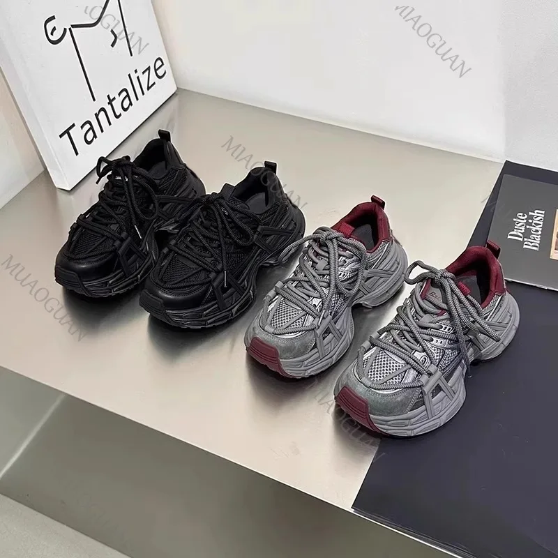 Damen-Sneaker mit dicken Sohlen, modische Outdoor-Sportschuhe zum Schnüren, höhenvergrößernde Laufschuhe, rutschfeste, bequeme Schuhe