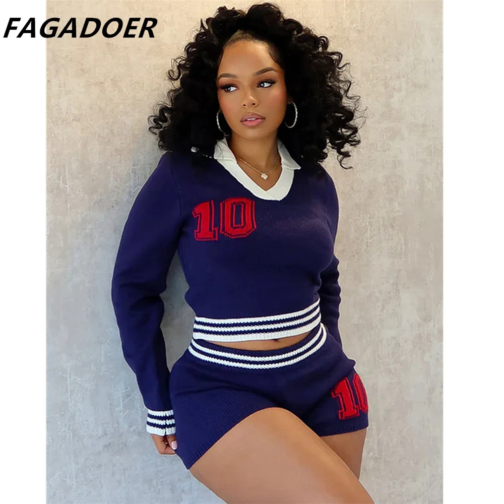 FAGADOER Autumn Knit 2 Piece Sets Outfit Preppy Style Lapel Stripe Patchwork Sweater and Shorts Set Quality Stretchy Knitwear