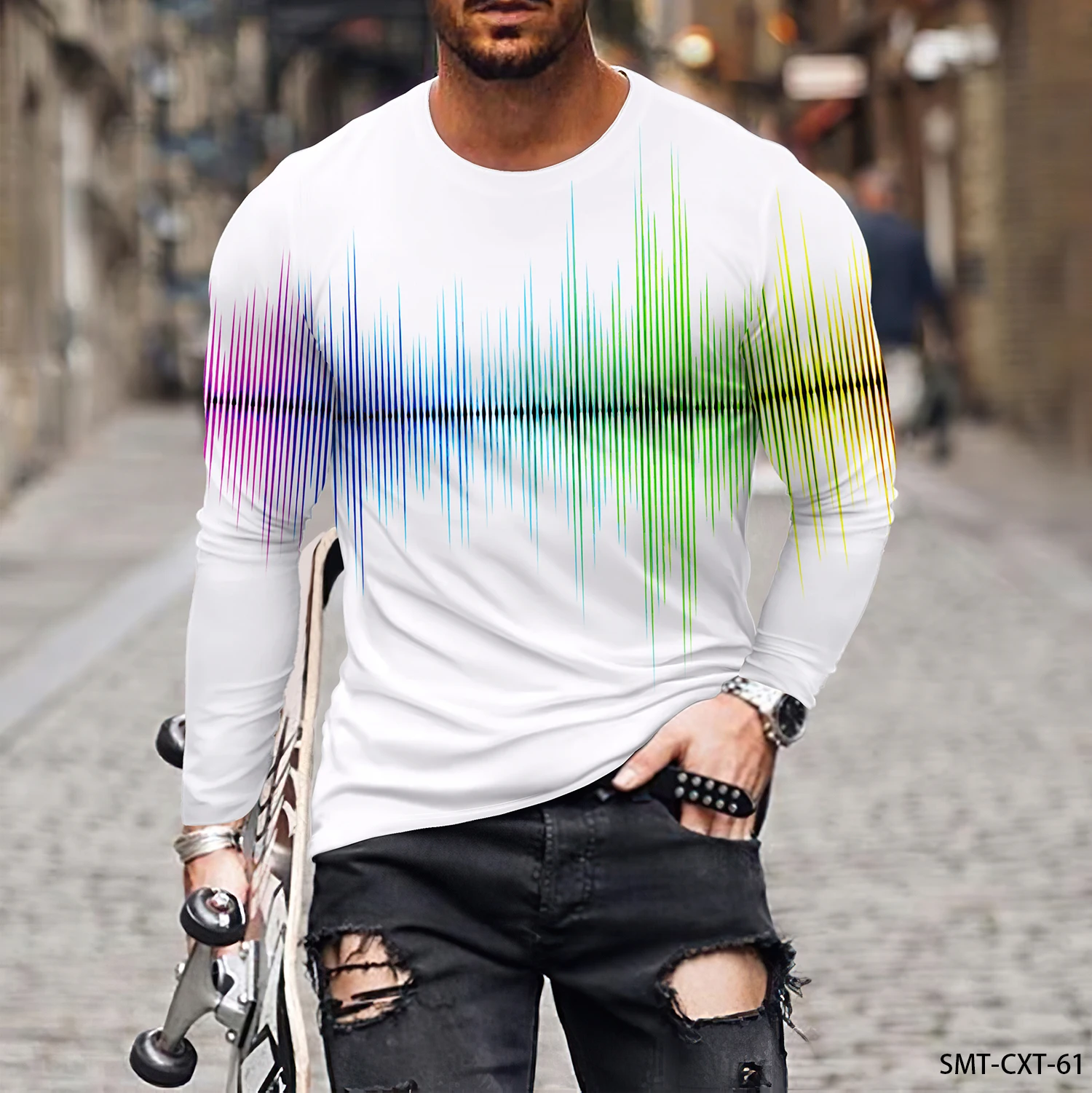 Colorful Line Pattern 3D Printing Men\'s Round Neck T-shirt Casual Long Sleeve Plus Size Pullover Fashion Trend Men\'s Clothing