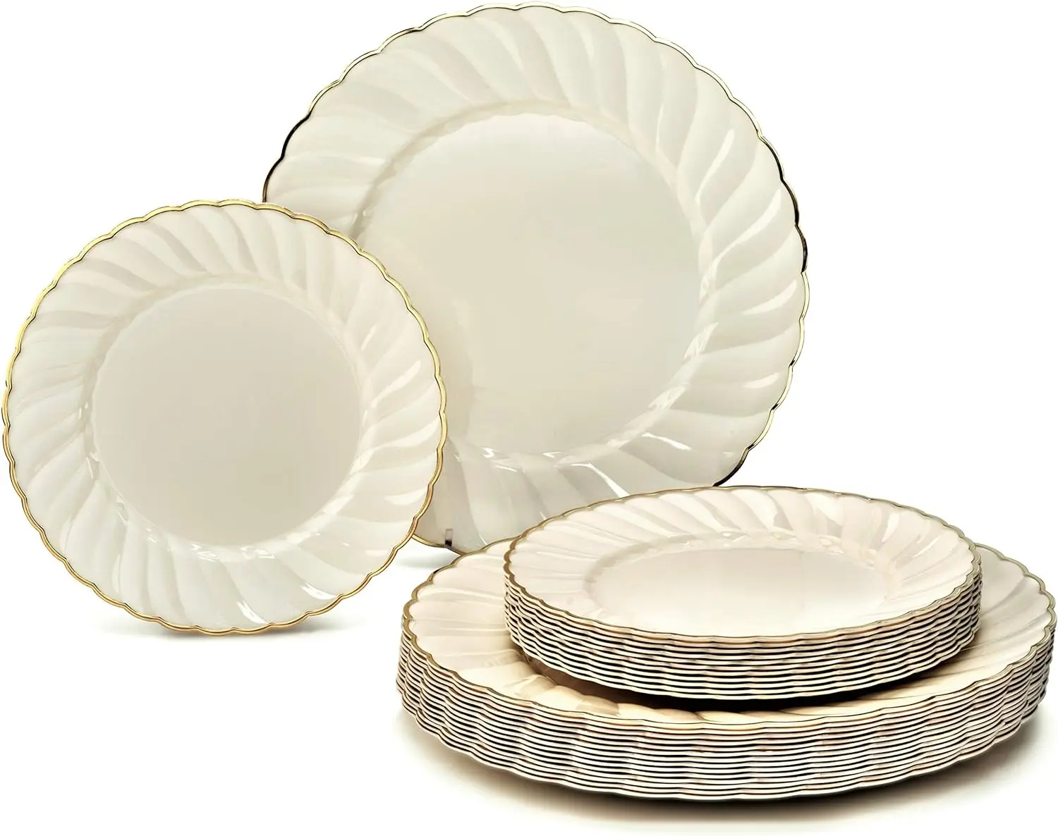 

240 Plate Set - Retro Wedding Party Disposable Plastic Plate Set (Flower Ivory/Gold)