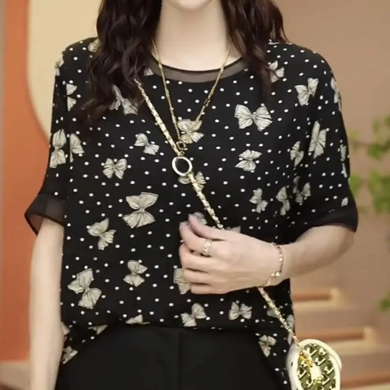 Pulls col rond en mousseline de soie pour femmes, col rond, gaze épissée imprimée, demi-manche, pois, bouton Piedmont, coréen, été, nouveau, 2024