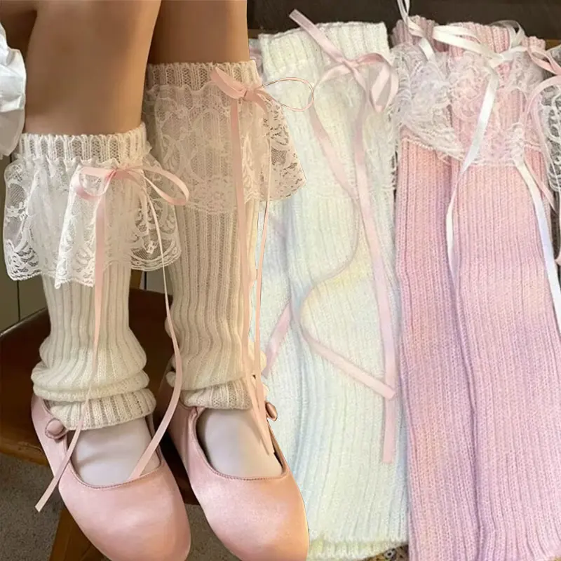 

2025 New Women Leg Warmers Kawaii Winter Knitted Ribbon Knee Warmers Lolita JK Long Socks Black White Soft Y2K Gothic Streetwear